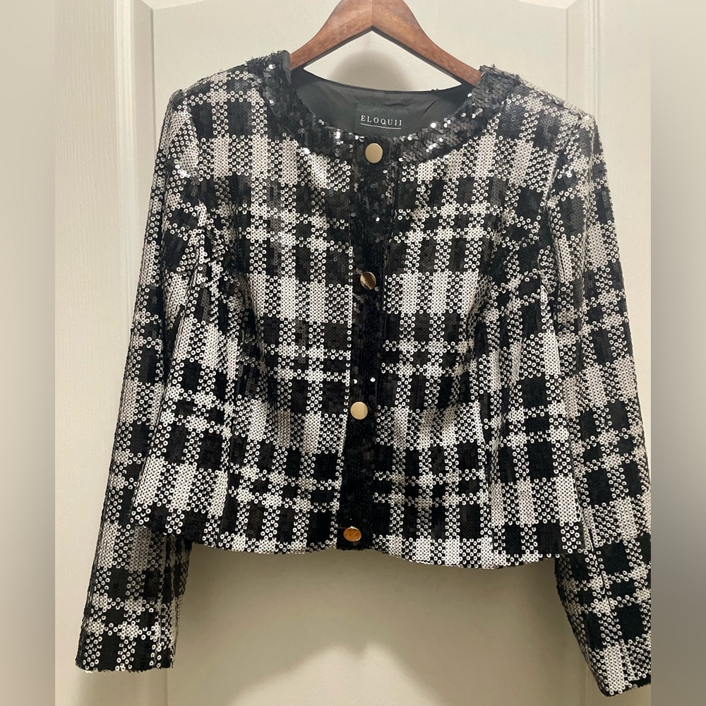 NWT Eloquii black and white plaid design sequins blazer. Size 14